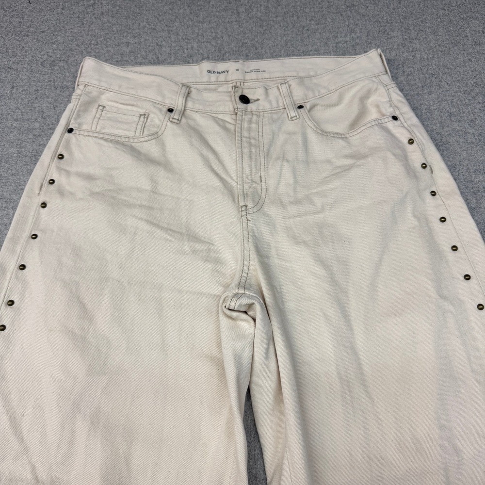Old Navy High-Rise Baggy Wide Leg Pants Size 12 Beige Studded Side Seam Denim - Picture 2 of 11